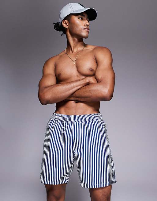 asos ASOS DESIGN swim shorts in mid length in navy stripe