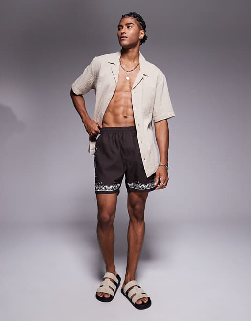 Asos ASOS DESIGN Swim Shorts In Mid Length With Border Print In Brown