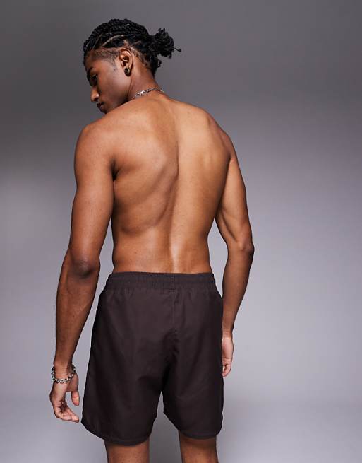 Asos ASOS DESIGN Swim Shorts In Mid Length With Border Print In Brown