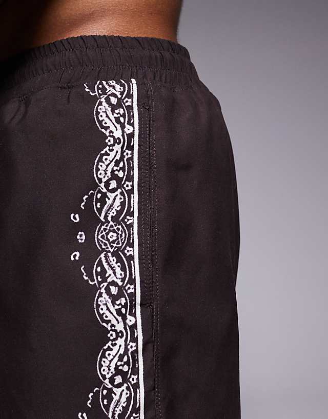 Asos ASOS DESIGN Swim Shorts In Mid Length With Border Print In Brown