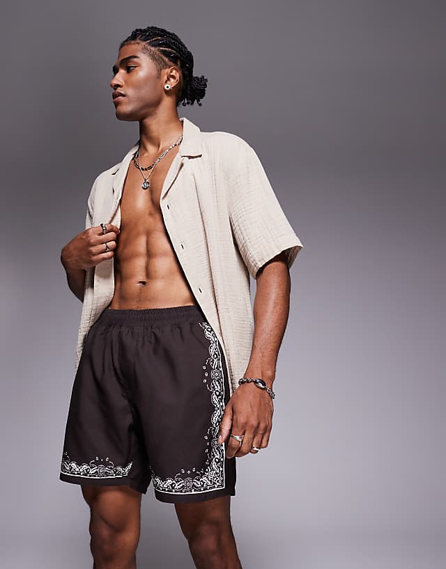 asos ASOS DESIGN swim shorts in mid length with border print in brown