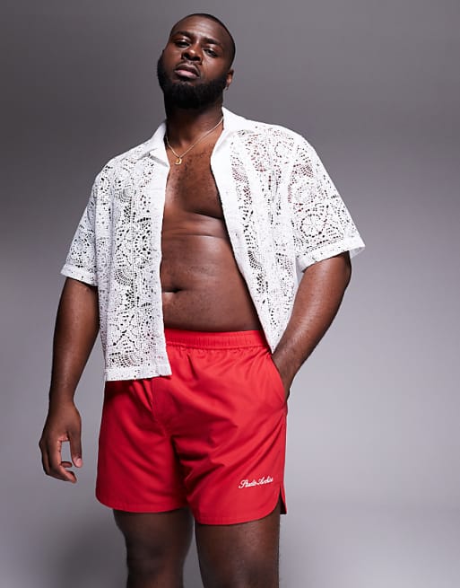 Asos ASOS DESIGN Swim Shorts In Mid Length With Embroidery In Red