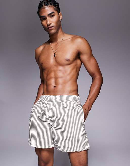 asos ASOS DESIGN swim shorts in short length in beige stripe