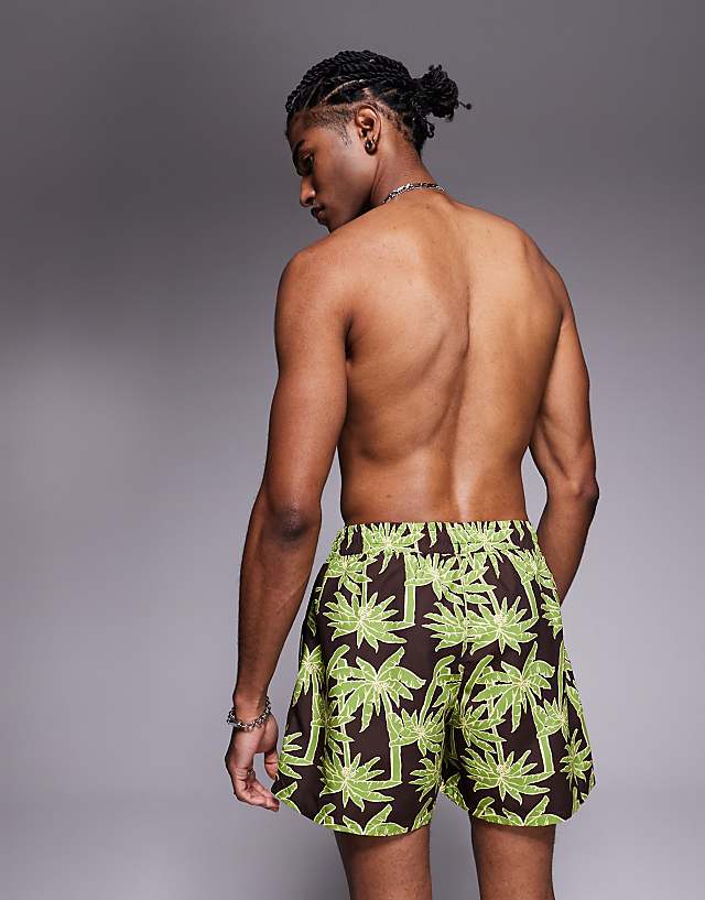 Asos ASOS DESIGN Swim Shorts In Short Length In Black Palm Tree Print