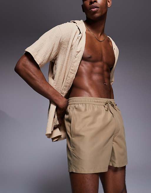 Asos ASOS DESIGN Swim Shorts In Short Length In Dark Stone