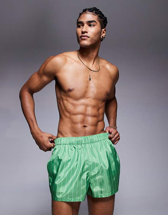 asos ASOS DESIGN swim shorts in short length in green stripe