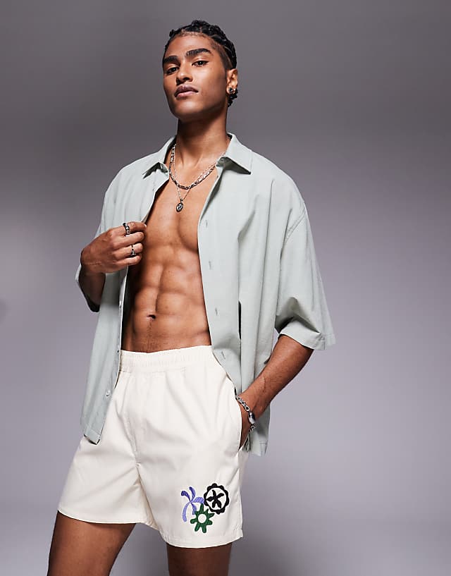 Asos ASOS DESIGN Swim Shorts In Short Length With Embroidery In Neutral