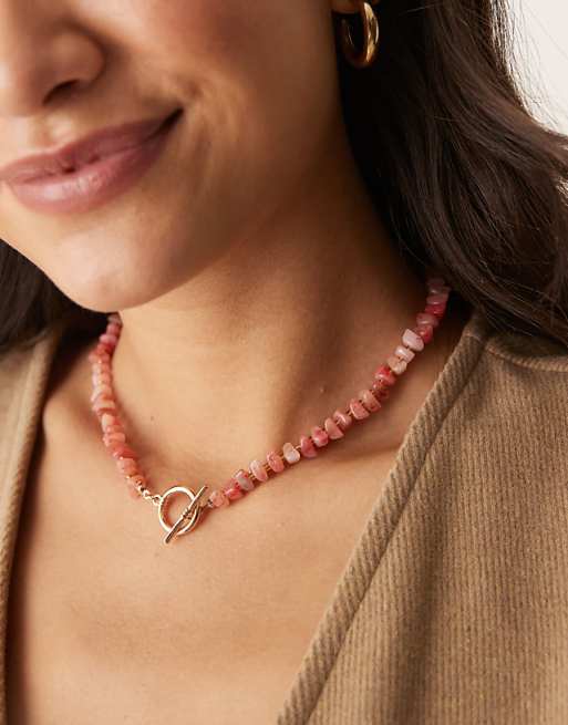 asos ASOS DESIGN T-Bar necklace with faux semi precious chipping detail in gold tone