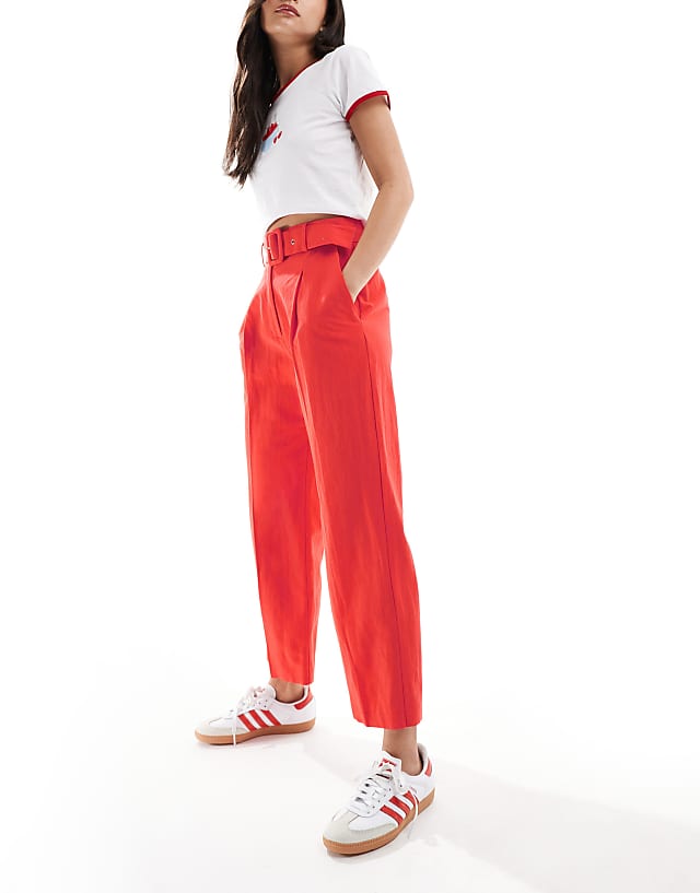 asos ASOS DESIGN tailored belted trouser with linen in red