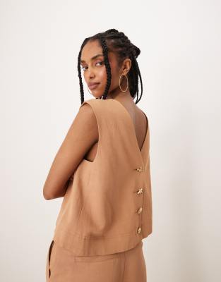Asos ASOS DESIGN Tailored High Neck Top With Mixed Button Back & Tailored Linen Trousers With Multi Way Tab Hem Co-ord In Ta