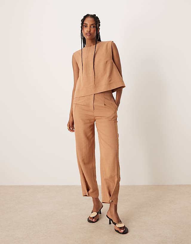 asos ASOS DESIGN tailored high neck top with mixed button back & tailored linen trousers with multi way tab hem co-ord in ta