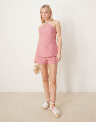 Asos ASOS DESIGN Tailored Linen Halter Neck Floaty Top And Short Co-ord With Bead Detail In Pink