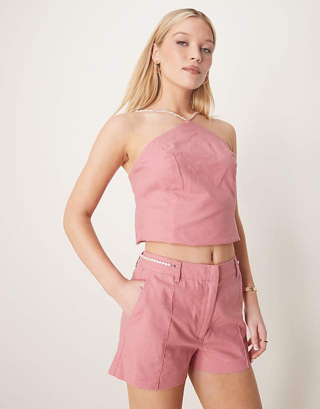 asos ASOS DESIGN tailored linen halter neck floaty top and short co-ord with bead detail in pink