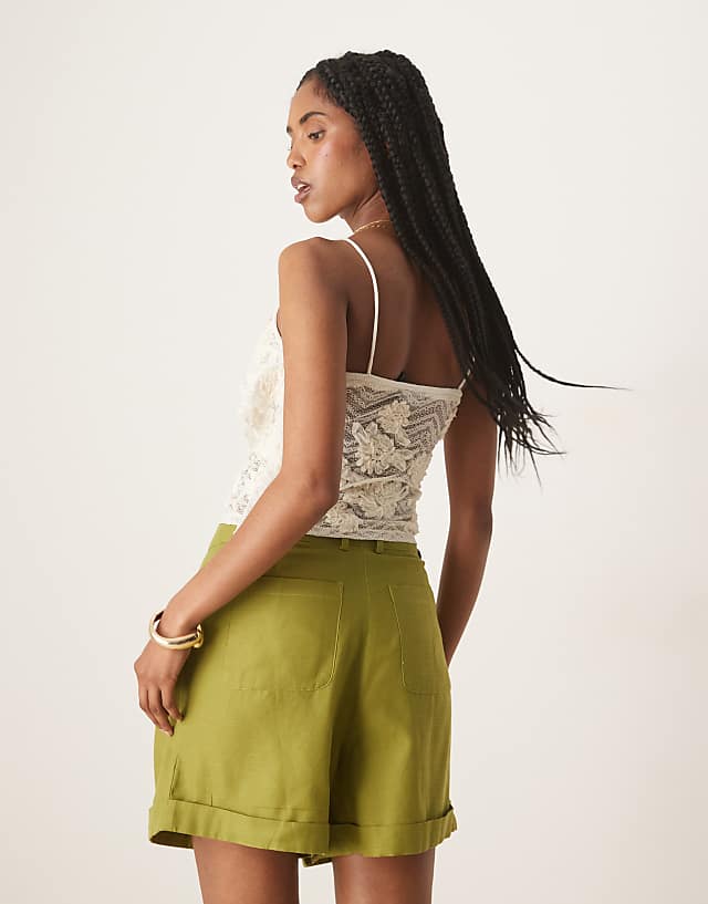 Asos ASOS DESIGN Tailored Linen Look A-line Shorts With Pearl Detail In Olive