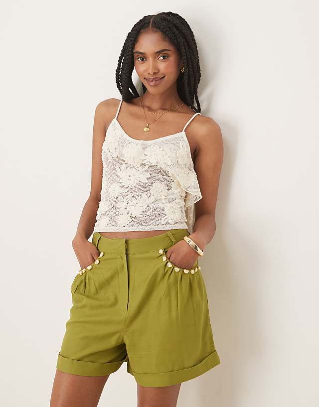 Asos ASOS DESIGN Tailored Linen Look A-line Shorts With Pearl Detail In Olive