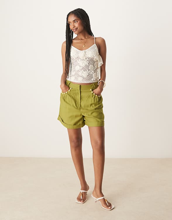 asos ASOS DESIGN tailored linen look a-line shorts with pearl detail in olive