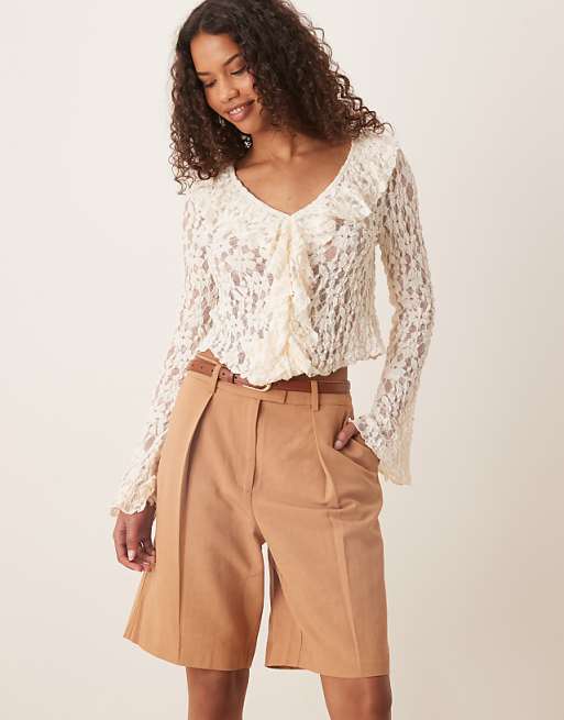 Asos ASOS DESIGN Tailored Linen Look Longline City Shorts In Mocha