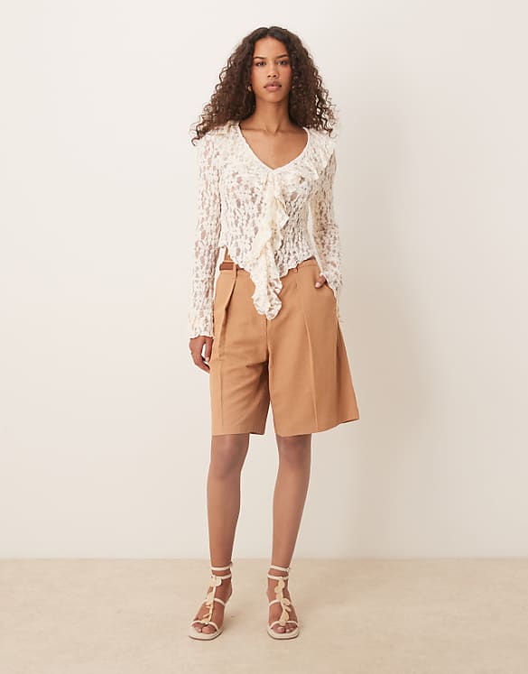 asos ASOS DESIGN tailored linen look longline city shorts in mocha asos ASOS DESIGN tailored linen look longline city shorts in mocha
