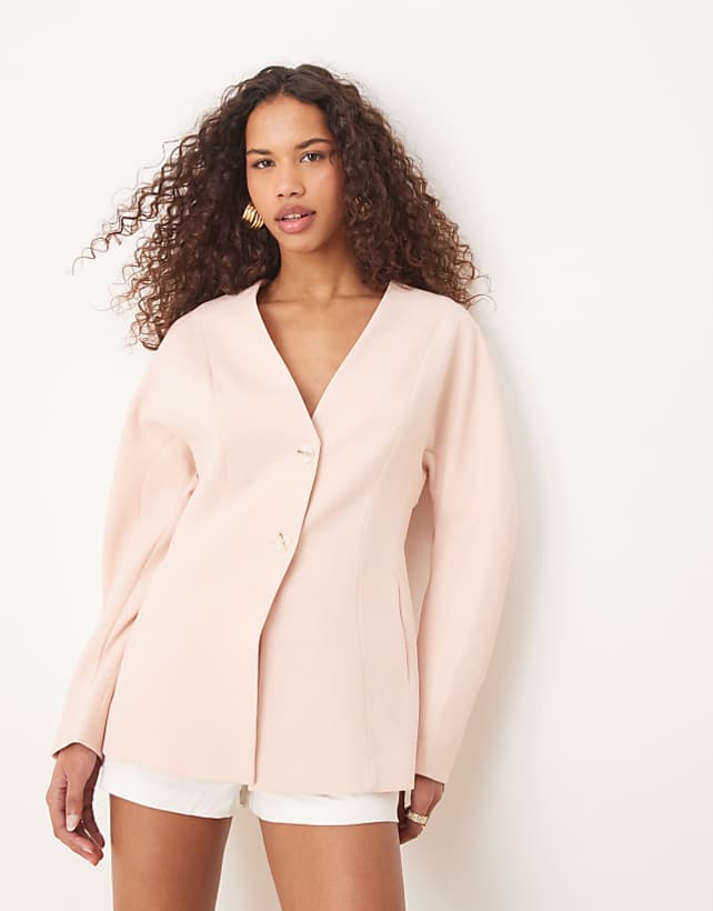 asos ASOS DESIGN tailored linen look textured nipped waist blazer in light pink