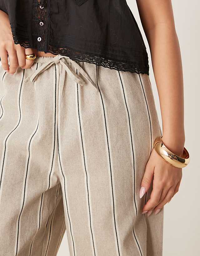 Asos ASOS DESIGN Tailored Linen Look Wide Leg Pull On Trousers In Taupe Stripe