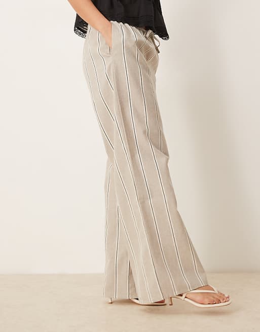 Asos ASOS DESIGN Tailored Linen Look Wide Leg Pull On Trousers In Taupe Stripe