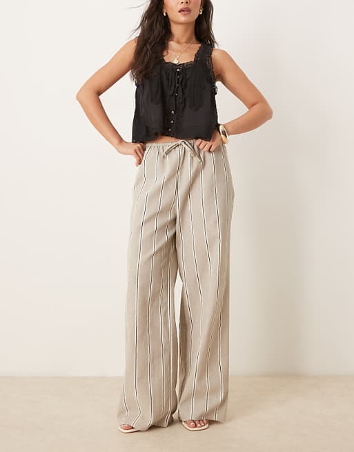 asos ASOS DESIGN tailored linen look wide leg pull on trousers in taupe stripe