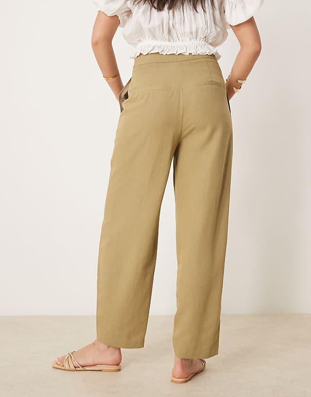 Asos ASOS DESIGN Tailored Linen Trousers With Multi Way Tab Hem In Khaki