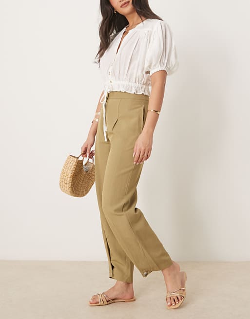 Asos ASOS DESIGN Tailored Linen Trousers With Multi Way Tab Hem In Khaki