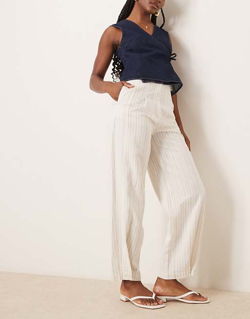 asos ASOS DESIGN tailored linen trousers with multi way tab hem in ecru stripe