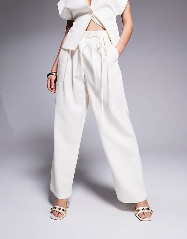 Asos ASOS DESIGN Tailored Linen Wrap Tie Trousers Co-ord In Ivory