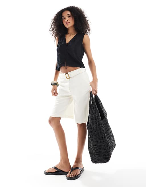 asos ASOS DESIGN tailored longline belted city shorts with linen in white