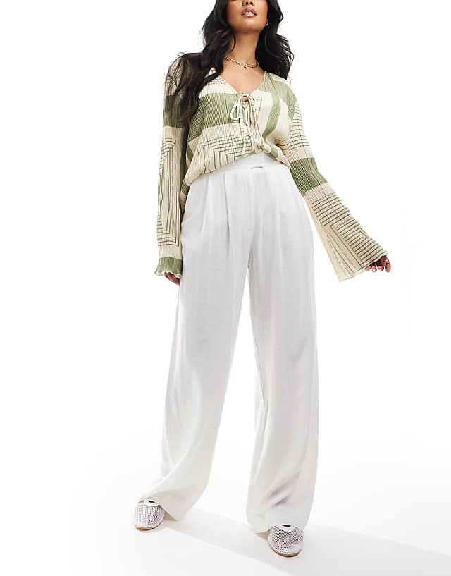 asos ASOS DESIGN tailored wide leg trousers with pleat detail in linen blend in white