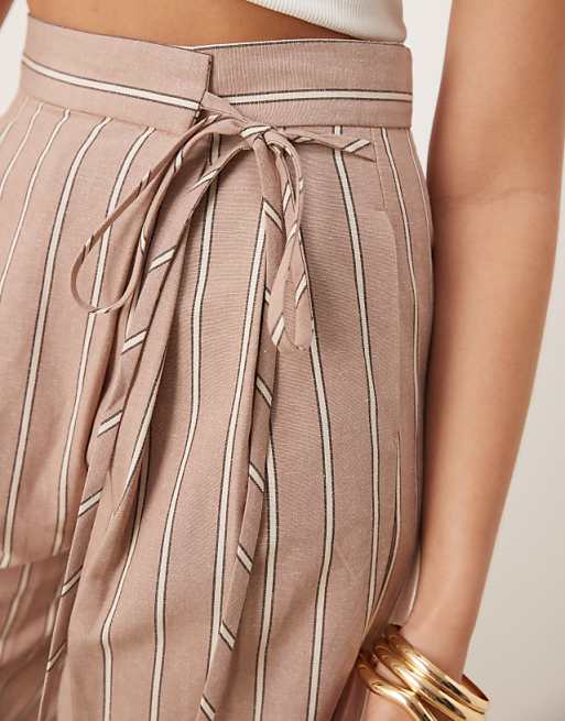 Asos ASOS DESIGN Tailored Wrap Tie Trousers With Linen In Mink Stripe