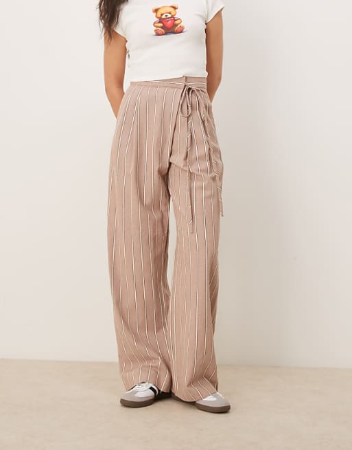 Asos ASOS DESIGN Tailored Wrap Tie Trousers With Linen In Mink Stripe