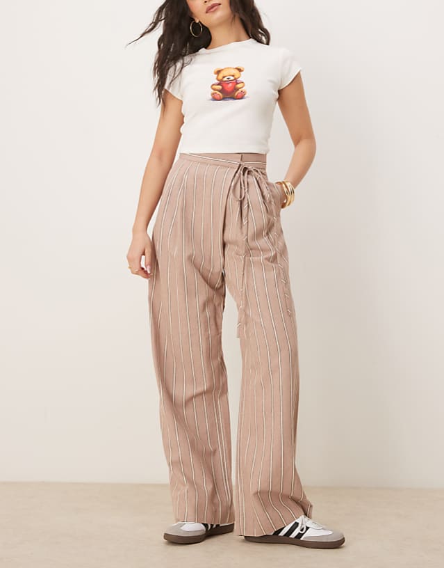 asos ASOS DESIGN tailored wrap tie trousers with linen in mink stripe