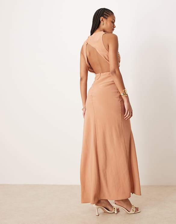 Asos ASOS DESIGN Tall Asymmetric Neckline Maxi Dress With Hardware Trim In Mocha