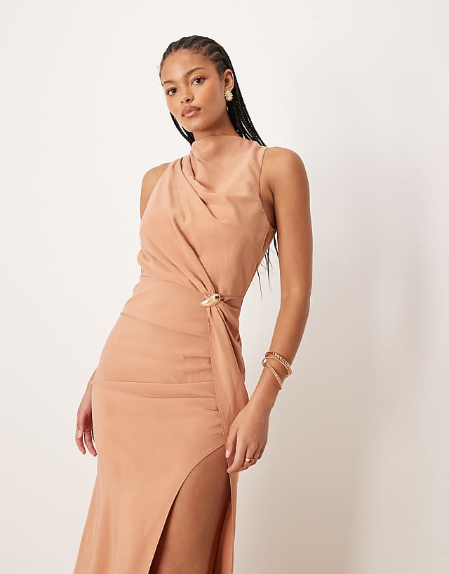 Asos ASOS DESIGN Tall Asymmetric Neckline Maxi Dress With Hardware Trim In Mocha