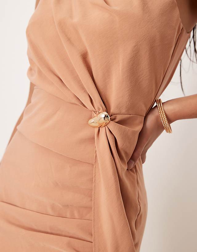 Asos ASOS DESIGN Tall Asymmetric Neckline Maxi Dress With Hardware Trim In Mocha