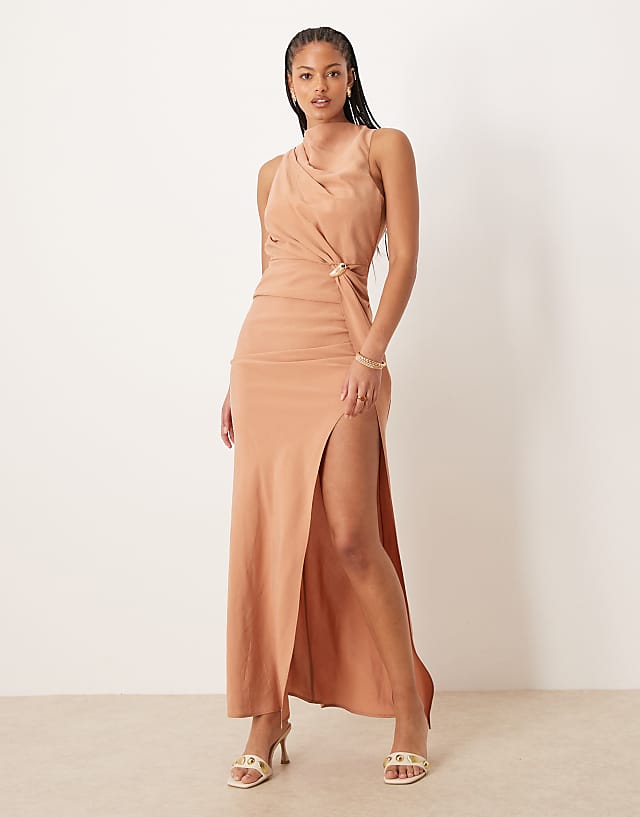 asos ASOS DESIGN Tall asymmetric neckline maxi dress with hardware trim in mocha