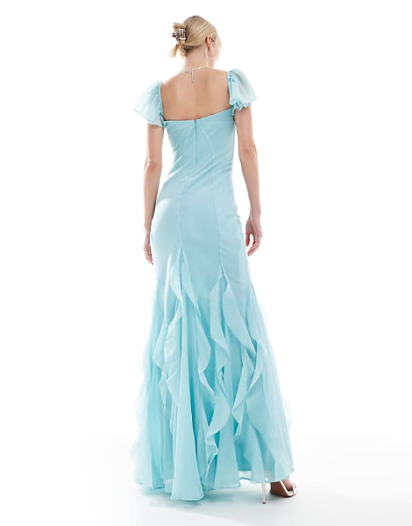 Asos ASOS DESIGN Tall Flutter Sleeve Maxi Dress With Ruffle Godets In Blue
