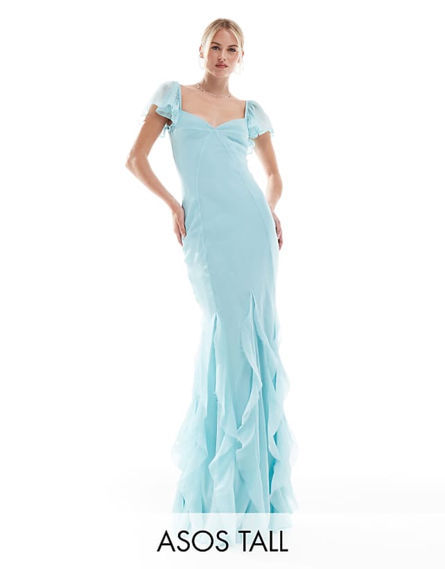 asos ASOS DESIGN Tall flutter sleeve maxi dress with ruffle godets in blue