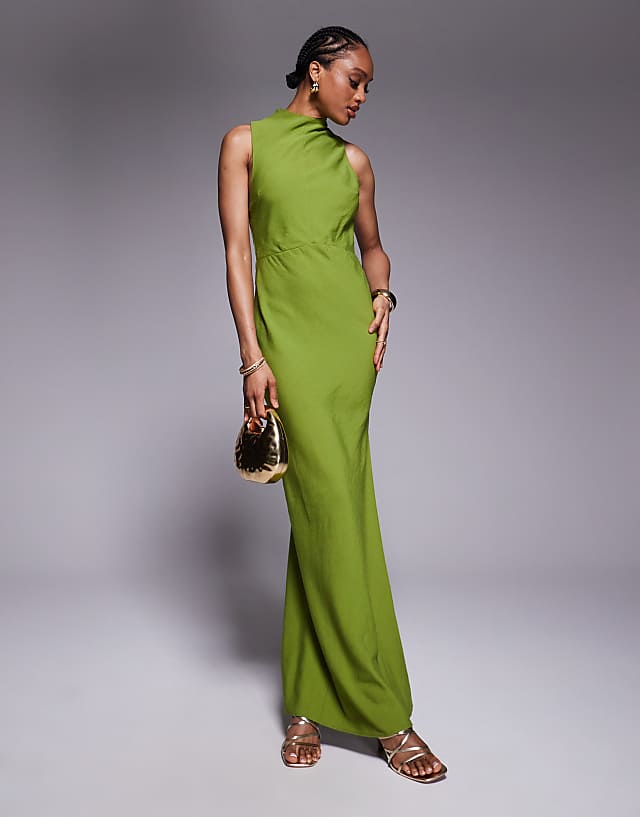 Asos ASOS DESIGN Tall High Neck Maxi Dress With Hardware Trim In Green