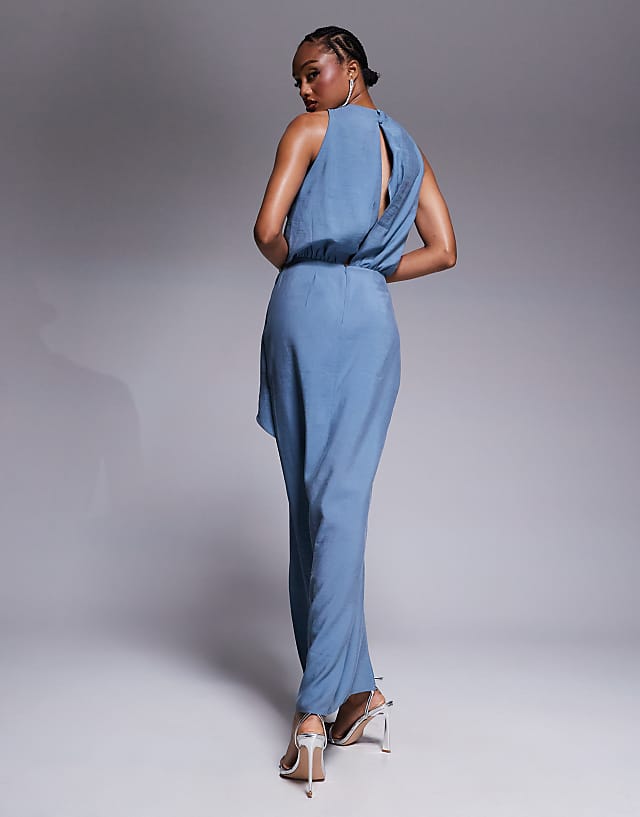 Asos ASOS DESIGN Tall High Neck Wrap Maxi Dress In Smoke Blue