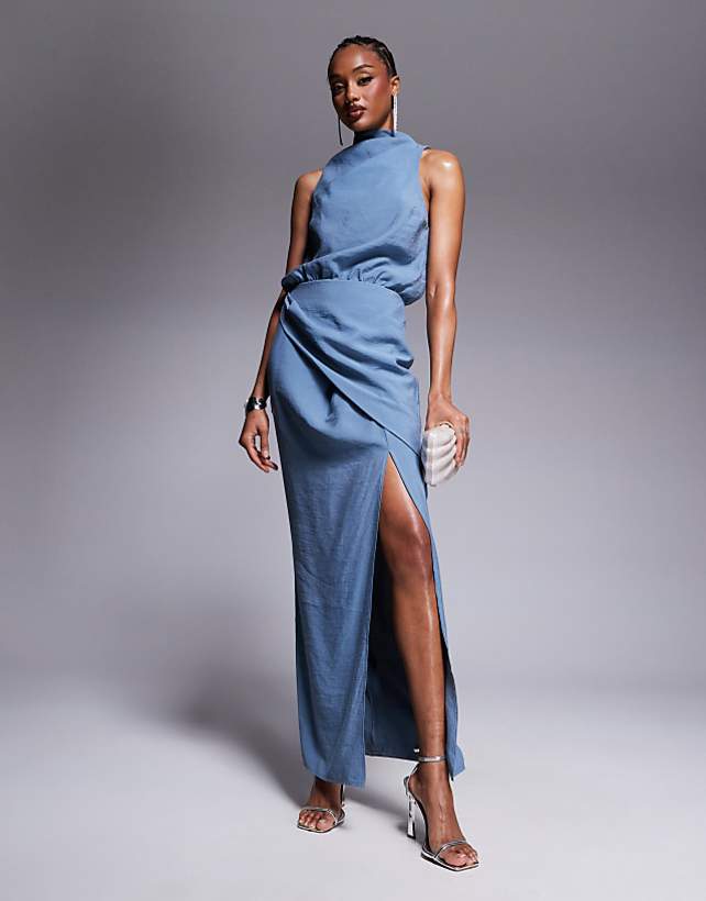 asos ASOS DESIGN Tall high neck wrap maxi dress in smoke blue