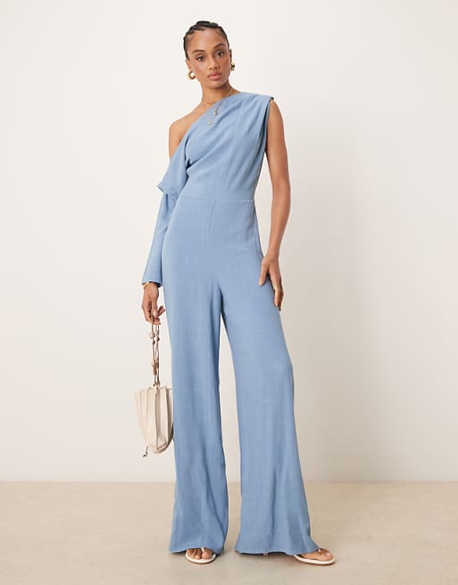 Asos ASOS DESIGN Tall Linen Fallen Shoulder Jumpsuit In Faded Denim