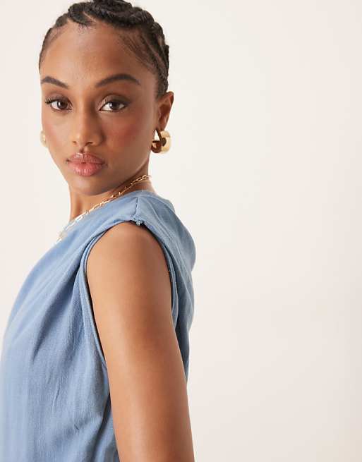 Asos ASOS DESIGN Tall Linen Fallen Shoulder Jumpsuit In Faded Denim