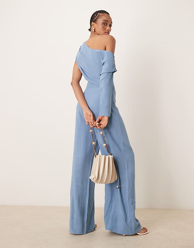 Asos ASOS DESIGN Tall Linen Fallen Shoulder Jumpsuit In Faded Denim