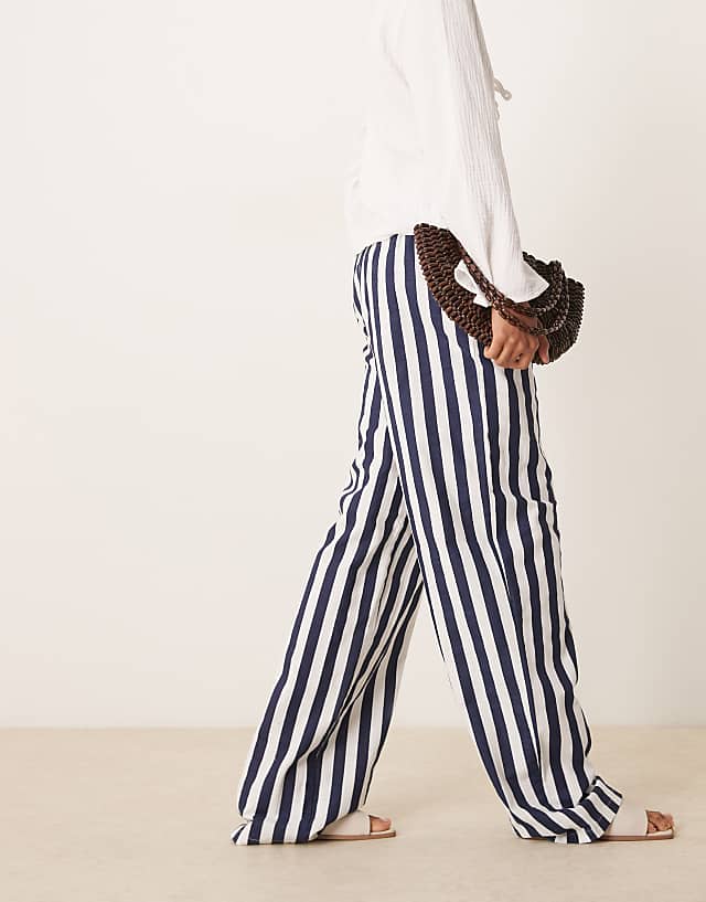 Asos ASOS DESIGN Tall Linen Look Pull On Trouser In Navy Stripe