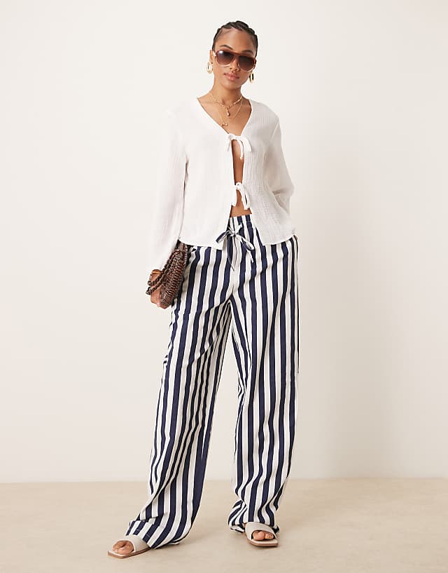 asos ASOS DESIGN Tall linen look pull on trouser in navy stripe