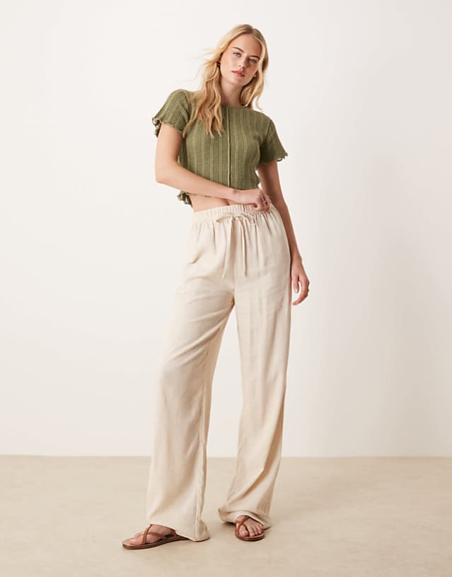 asos ASOS DESIGN Tall linen look pull on trousers in stone